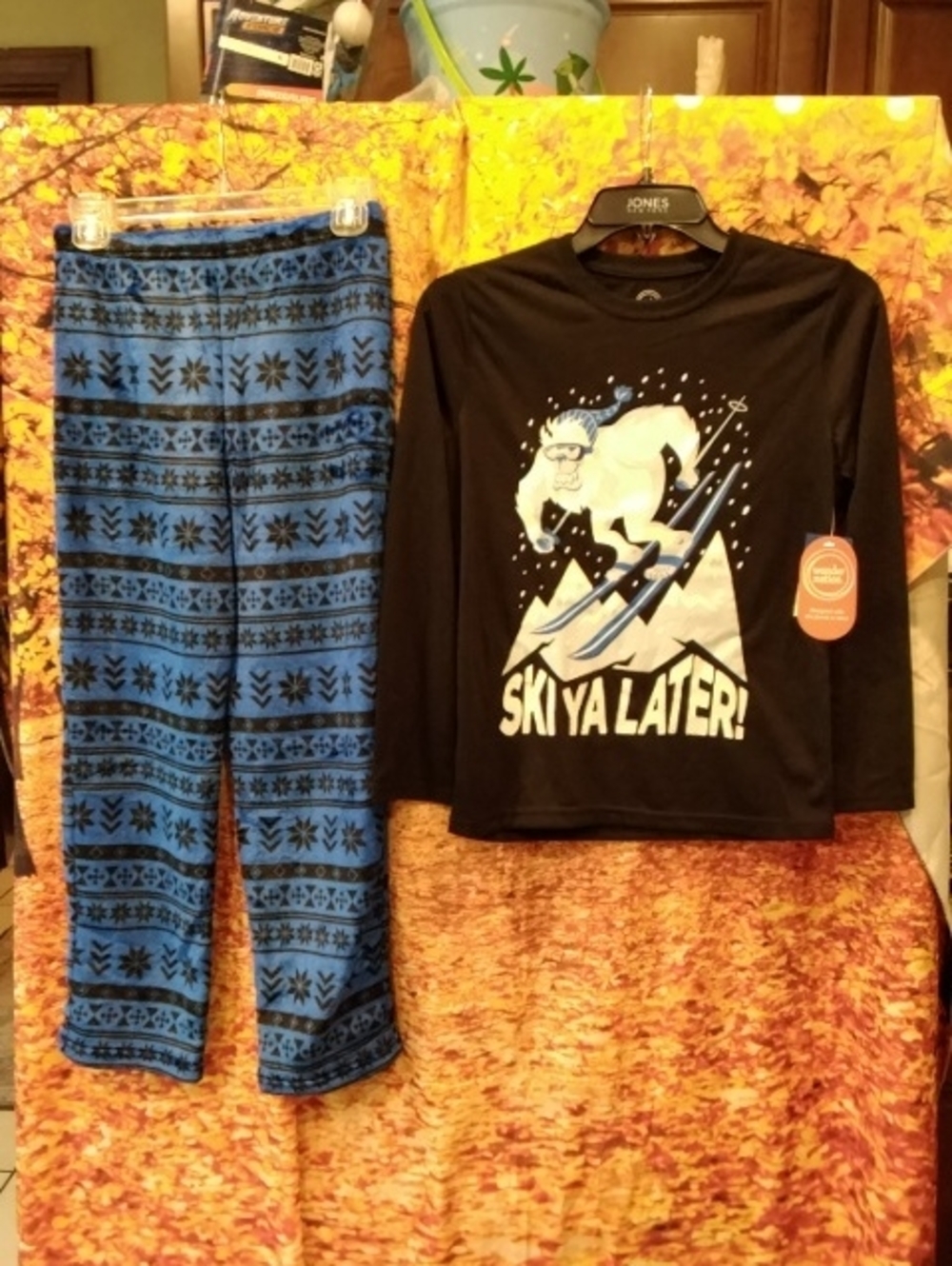 Wonder Nation Boys Ski Ya Later! Pajama Set - Black Top & Blue Patterned Pants L